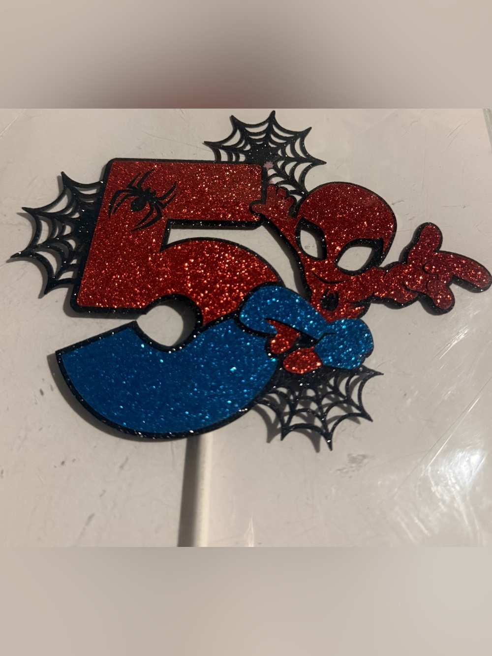 Red & Blue Glittery Number 5 Spider Superhero Cake Topper